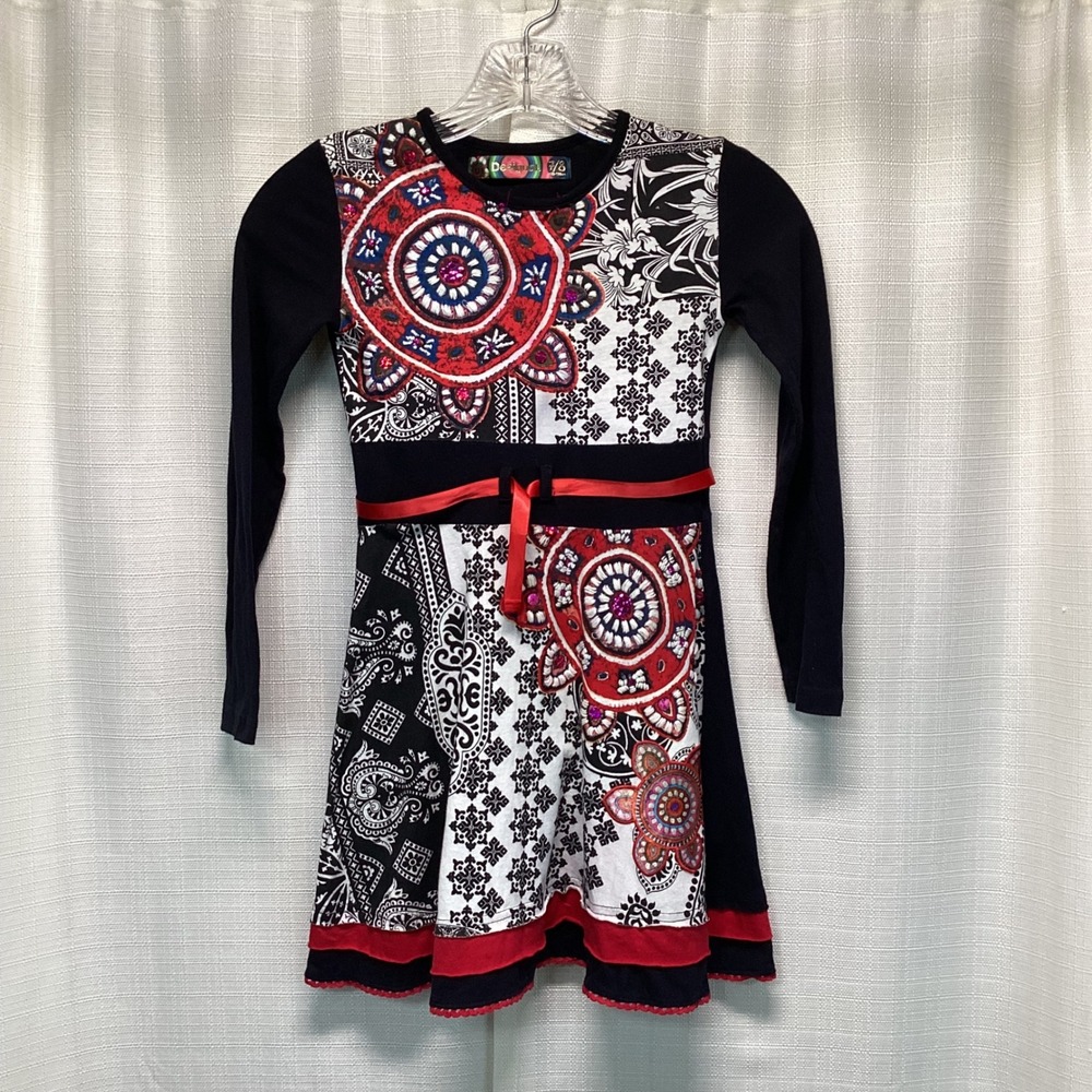 Desigual Girls Long Sleeve Mandala Paisley Sequin Cotton Dress 7/8 Casual